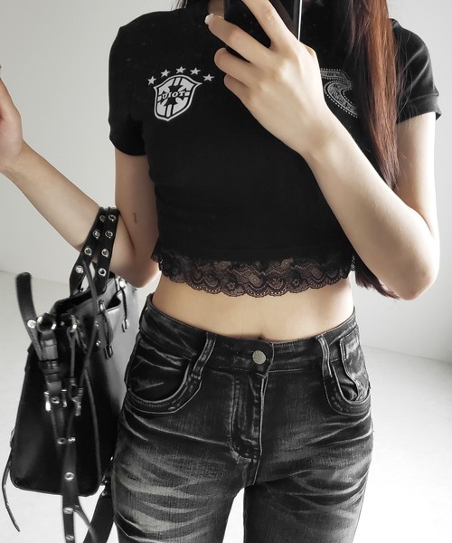 me+em select(ミームセレクト)の「ユニフォームドッキングレースショートピチTシャツ / uniform docking lace short pichi T-shirt(Tシャツ/カットソー・レディース・ブラック・FREE)」の16枚目の写真