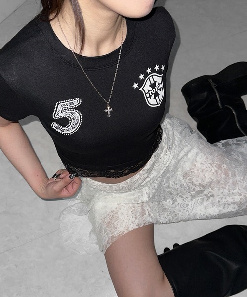 me+em select(ミームセレクト)の「ユニフォームドッキングレースショートピチTシャツ / uniform docking lace short pichi T-shirt(Tシャツ/カットソー・レディース・ブラック・FREE)」の18枚目の写真