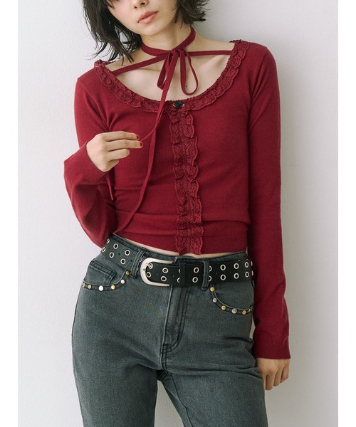 jouetie（ジュエティ）の「レースドッキングニット 2026年春　新色追加（ニット/セーター・レディース・ブラック/グレー/レッド/ブルー/アイボリー/インディゴブルー/グリーン・MEDIUM）」の7枚目の写真