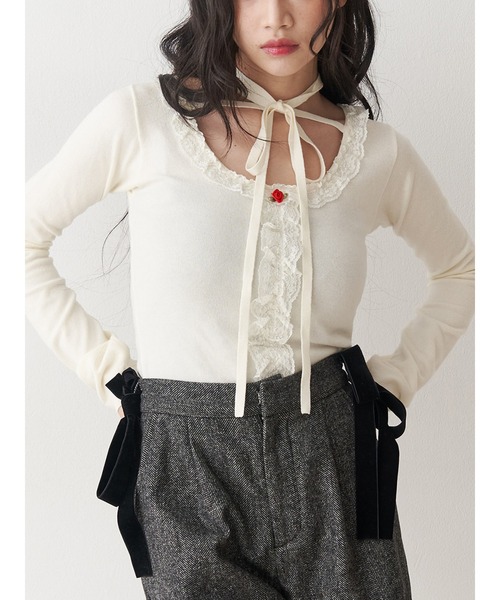 jouetie（ジュエティ）の「レースドッキングニット 2026年春　新色追加（ニット/セーター・レディース・ブラック/グレー/レッド/ブルー/アイボリー/インディゴブルー/グリーン・MEDIUM）」の2枚目の写真