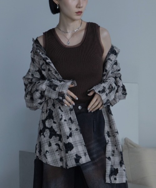 VACANCY(ヴァカンシー)の「レースダメージチェックオーバーシャツ/ユニセックス/リバーシブル(シャツ/ブラウス・レディース・ブラック/ベージュ・FREE)」の8枚目の写真