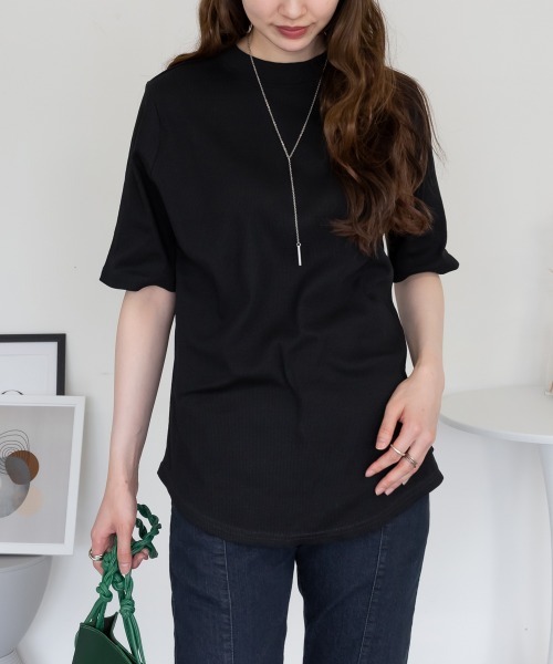 aity(アイティ)の「2×2リブプチハイネック半袖Tシャツ きれいめ 五部袖 大きいサイズ コットン 夏服(Tシャツ/カットソー・レディース・ブラック/オフホワイト・L/LL/3L/M/4L)」の1枚目の写真