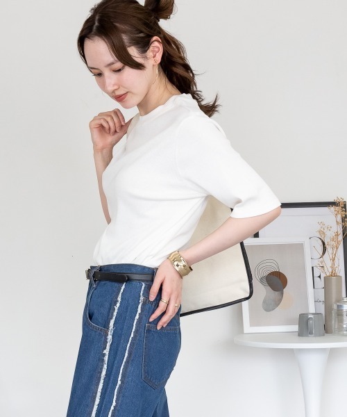 aity(アイティ)の「2×2リブプチハイネック半袖Tシャツ きれいめ 五部袖 大きいサイズ コットン 夏服(Tシャツ/カットソー・レディース・ブラック/オフホワイト・L/LL/3L/M/4L)」の8枚目の写真