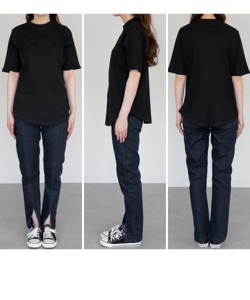 aity(アイティ)の「2×2リブプチハイネック半袖Tシャツ きれいめ 五部袖 大きいサイズ コットン 夏服(Tシャツ/カットソー・レディース・ブラック/オフホワイト・L/LL/3L/M/4L)」の4枚目の写真
