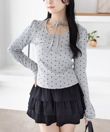 フロントリボンドットプリントカットソー［韓国ファッション レイヤード］≪AW新作≫