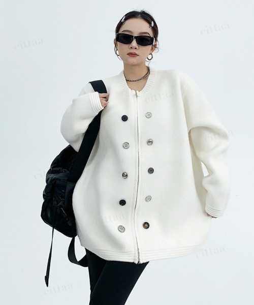 Dalfwin（ダールフィン）の「韓国ファッション ボタンデザインダブルジップニット（ニット/セーター・レディース・グレー/ブラック/ホワイト・FREE）」の2枚目の写真