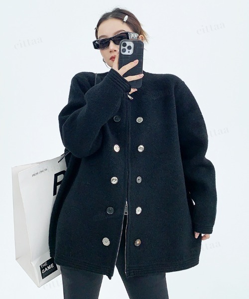 Dalfwin（ダールフィン）の「韓国ファッション ボタンデザインダブルジップニット（ニット/セーター・レディース・グレー/ブラック/ホワイト・FREE）」の3枚目の写真