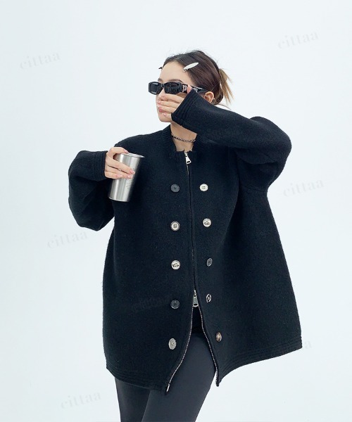 Dalfwin（ダールフィン）の「韓国ファッション ボタンデザインダブルジップニット（ニット/セーター・レディース・グレー/ブラック/ホワイト・FREE）」の4枚目の写真