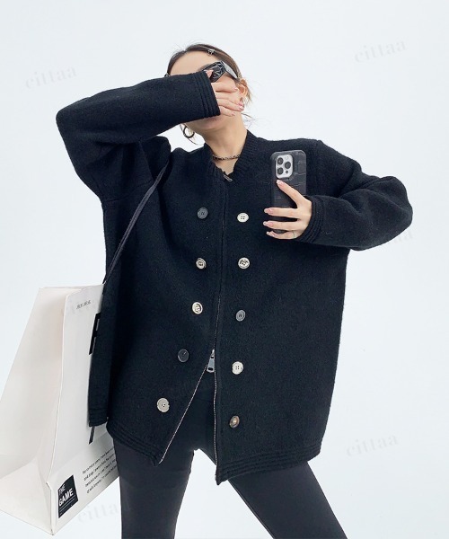 Dalfwin（ダールフィン）の「韓国ファッション ボタンデザインダブルジップニット（ニット/セーター・レディース・グレー/ブラック/ホワイト・FREE）」の5枚目の写真