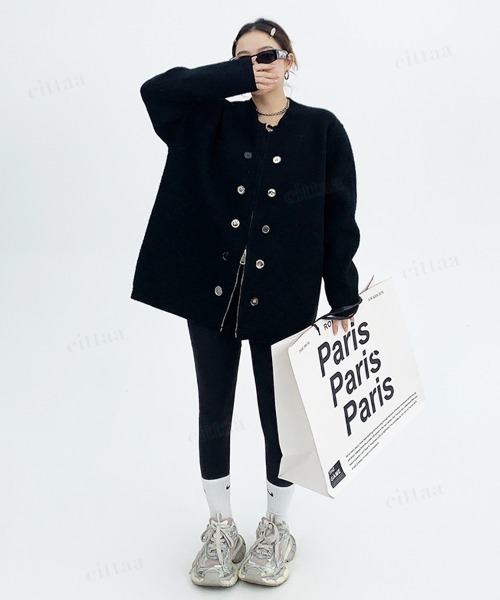 Dalfwin（ダールフィン）の「韓国ファッション ボタンデザインダブルジップニット（ニット/セーター・レディース・グレー/ブラック/ホワイト・FREE）」の7枚目の写真