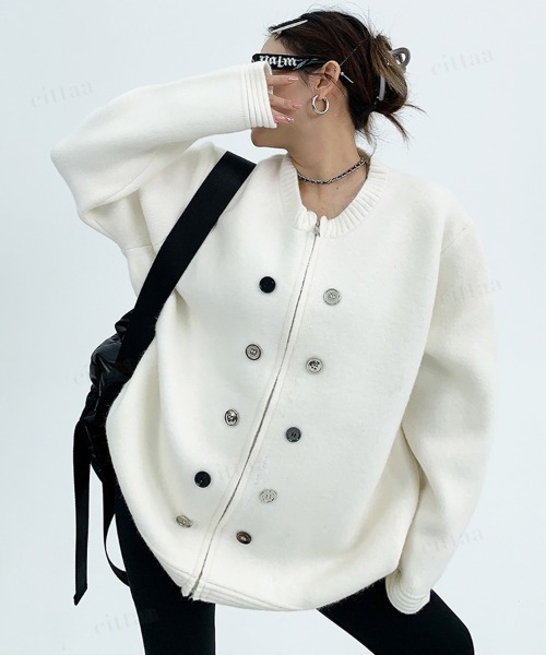 Dalfwin（ダールフィン）の「韓国ファッション ボタンデザインダブルジップニット（ニット/セーター・レディース・グレー/ブラック/ホワイト・FREE）」の8枚目の写真