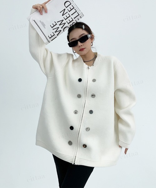 Dalfwin（ダールフィン）の「韓国ファッション ボタンデザインダブルジップニット（ニット/セーター・レディース・グレー/ブラック/ホワイト・FREE）」の9枚目の写真