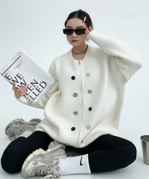 Dalfwin（ダールフィン）の「韓国ファッション ボタンデザインダブルジップニット（ニット/セーター・レディース・グレー/ブラック/ホワイト・FREE）」の12枚目の写真