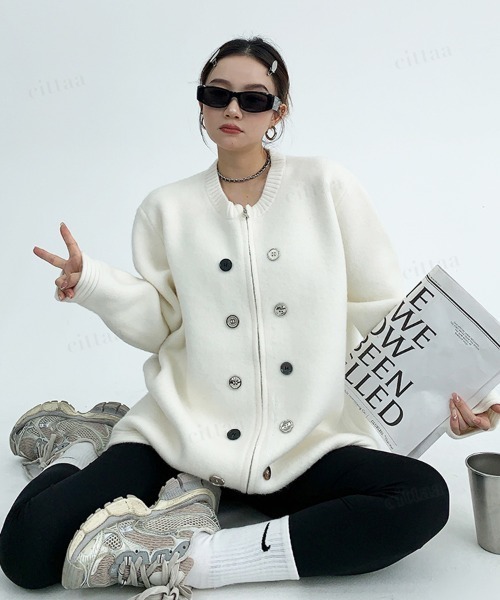 Dalfwin（ダールフィン）の「韓国ファッション ボタンデザインダブルジップニット（ニット/セーター・レディース・グレー/ブラック/ホワイト・FREE）」の13枚目の写真