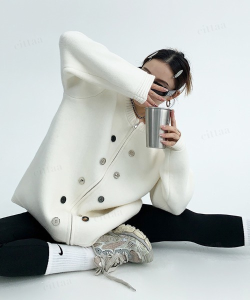 Dalfwin（ダールフィン）の「韓国ファッション ボタンデザインダブルジップニット（ニット/セーター・レディース・グレー/ブラック/ホワイト・FREE）」の14枚目の写真