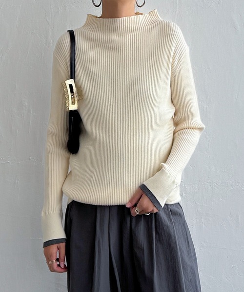 LBC（エルビーシー）の「【着やせ効果抜群】袖配色レイヤーリブニット（ニット/セーター・レディース・ホワイト/ワイン/ブラック/グリーン/杢グレー・M/L）」の8枚目の写真