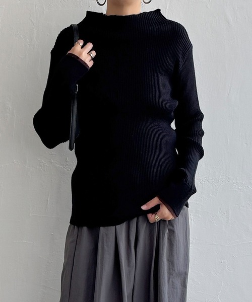 LBC（エルビーシー）の「【着やせ効果抜群】袖配色レイヤーリブニット（ニット/セーター・レディース・ホワイト/ワイン/ブラック/グリーン/杢グレー・M/L）」の12枚目の写真