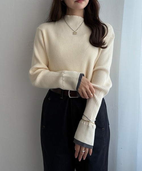 LBC（エルビーシー）の「【着やせ効果抜群】袖配色レイヤーリブニット（ニット/セーター・レディース・ホワイト/ワイン/ブラック/グリーン/杢グレー・M/L）」の18枚目の写真