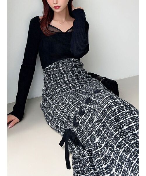 RESEXXY（リゼクシー）の「シアードッキングツイードニットワンピース（ワンピース・レディース・ブラック/レッド/ピンク・FREE）」の2枚目の写真