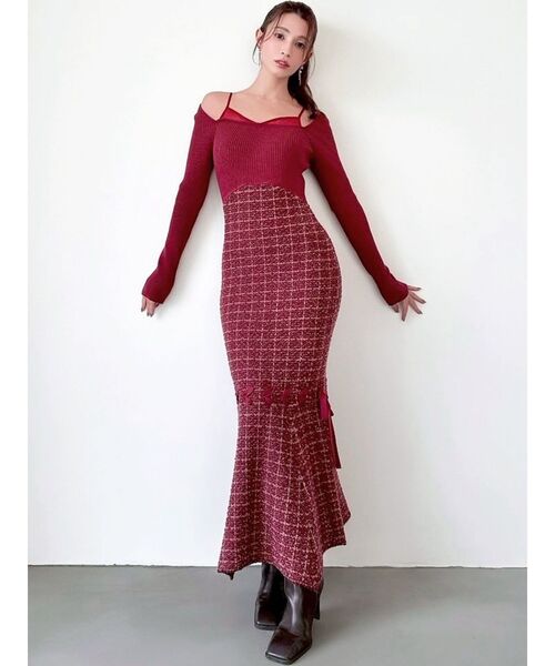 RESEXXY（リゼクシー）の「シアードッキングツイードニットワンピース（ワンピース・レディース・ブラック/レッド/ピンク・FREE）」の5枚目の写真