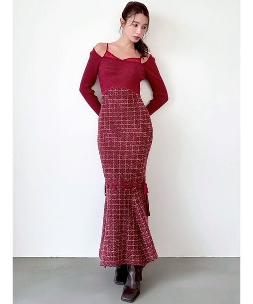 RESEXXY（リゼクシー）の「シアードッキングツイードニットワンピース（ワンピース・レディース・ブラック/レッド/ピンク・FREE）」の7枚目の写真