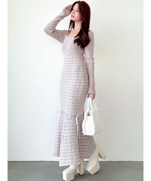 RESEXXY（リゼクシー）の「シアードッキングツイードニットワンピース（ワンピース・レディース・ブラック/レッド/ピンク・FREE）」の10枚目の写真