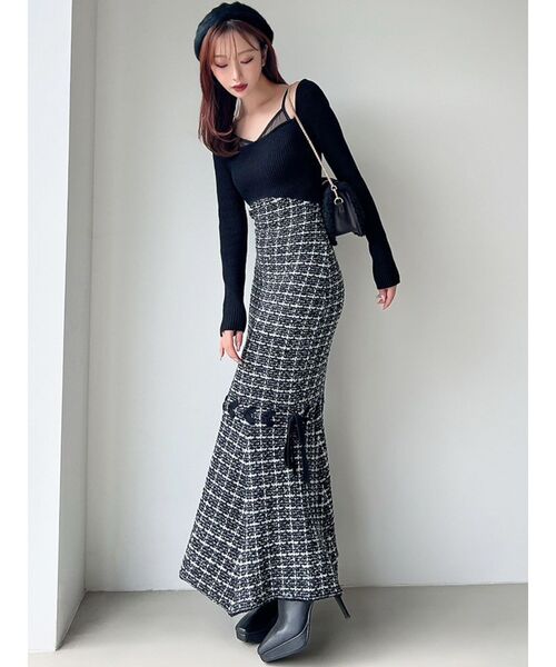 RESEXXY（リゼクシー）の「シアードッキングツイードニットワンピース（ワンピース・レディース・ブラック/レッド/ピンク・FREE）」の18枚目の写真