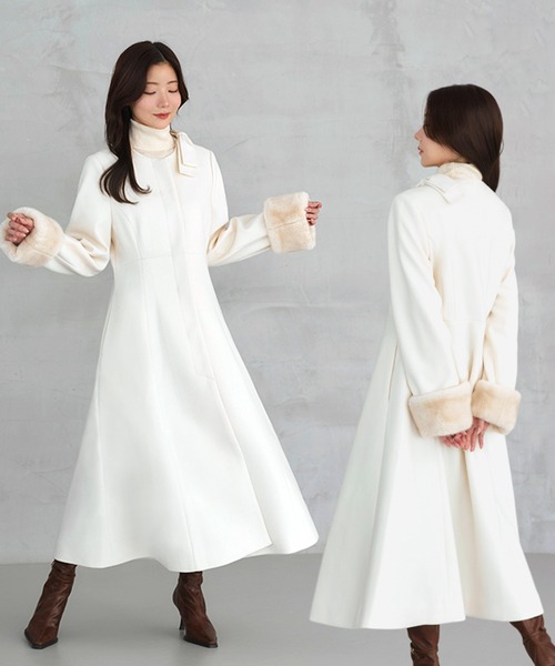 セール】ファーカフス フレアコート ( リボンブローチ 付き