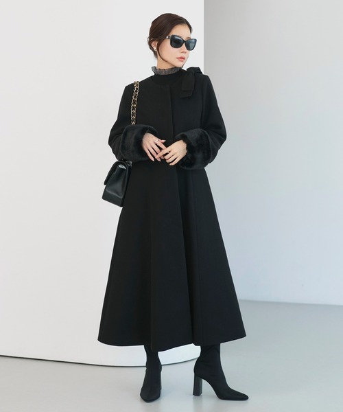 セール】ファーカフス フレアコート ( リボンブローチ 付き