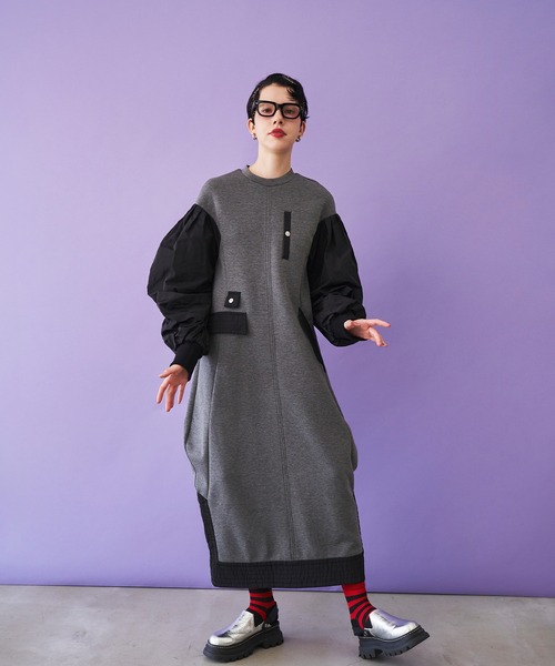 ommo 赤・グレードッキングワンピース 長袖38 LADYMADE（レディメイド） ワンピース ニットドッキングプリーツ