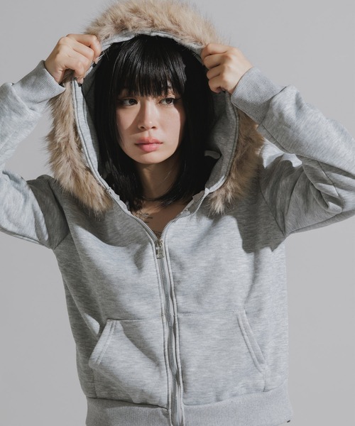 BURBERRY♡Y2K ファー フーディジップアップパーカー グレー チェック Faux Fur Trim Zip-Up Hoodie / フェイクファー付き 2WAYジップアップ