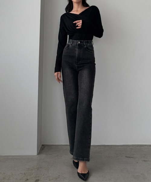 Louere（ルエレ）の「ストレッチハイウエストストレートデニムパンツ[高身長サイズST有り]（デニムパンツ・レディース・ブラック/ライトブルー/ワンウォッシュ・SMALL/MEDIUM/LARGE/X-LARGE/ST）」の2枚目の写真