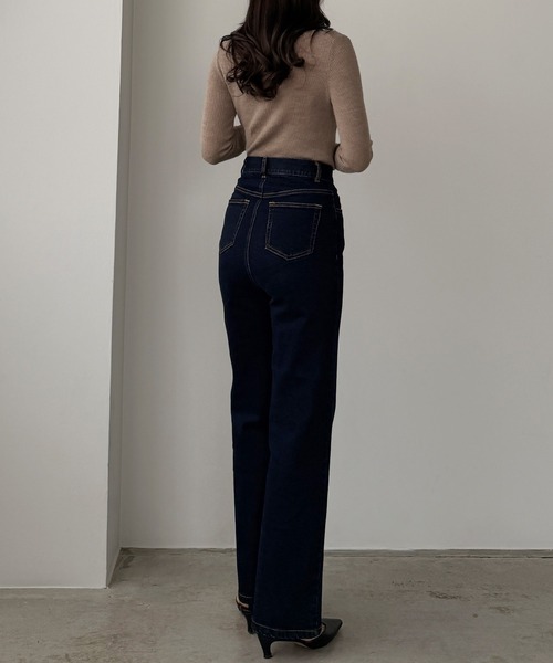 ストレッチハイウエストストレートデニムパンツ[高身長サイズST有り
