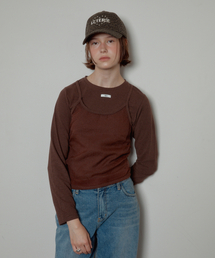 LONG SLEEVE BUSTIER LAYERED T-SHIRT_BROWN