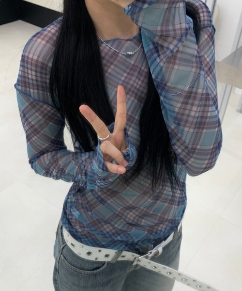 Vipoa(ヴィポア)の「check sheer tops(Tシャツ/カットソー・レディース・ブラック/ブルー/ピンク・FREE)」の3枚目の写真