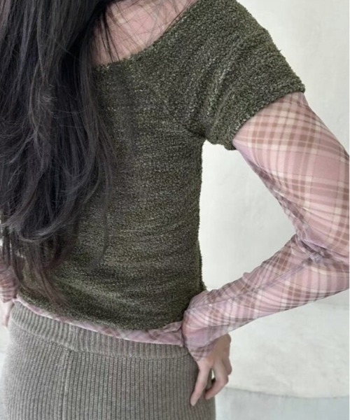 Vipoa(ヴィポア)の「check sheer tops(Tシャツ/カットソー・レディース・ブラック/ブルー/ピンク・FREE)」の6枚目の写真