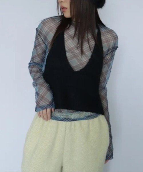 Vipoa(ヴィポア)の「check sheer tops(Tシャツ/カットソー・レディース・ブラック/ブルー/ピンク・FREE)」の16枚目の写真