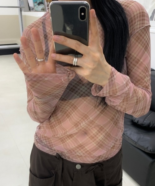 Vipoa(ヴィポア)の「check sheer tops(Tシャツ/カットソー・レディース・ブラック/ブルー/ピンク・FREE)」の7枚目の写真
