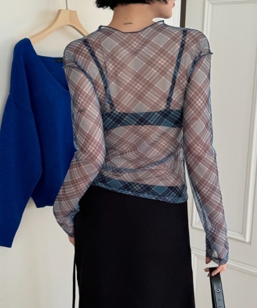 Vipoa(ヴィポア)の「check sheer tops(Tシャツ/カットソー・レディース・ブラック/ブルー/ピンク・FREE)」の22枚目の写真