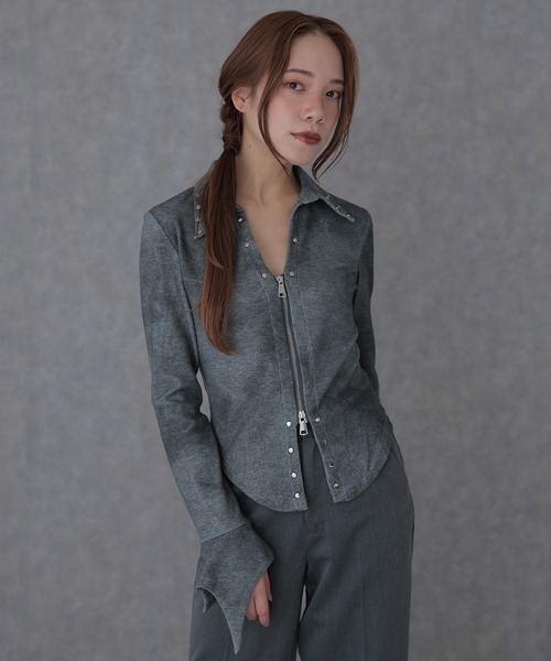 SUWDEE（スーディー）の「rivet double zip gradation tops（Tシャツ/カットソー・レディース・グレー/ブラック・FREE）」の2枚目の写真