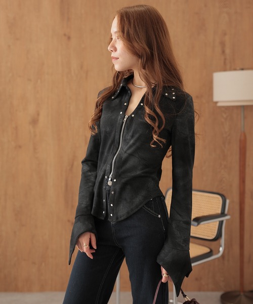 SUWDEE（スーディー）の「rivet double zip gradation tops（Tシャツ/カットソー・レディース・グレー/ブラック・FREE）」の6枚目の写真