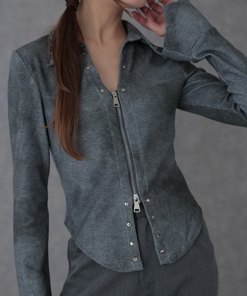 SUWDEE（スーディー）の「rivet double zip gradation tops（Tシャツ/カットソー・レディース・グレー/ブラック・FREE）」の12枚目の写真