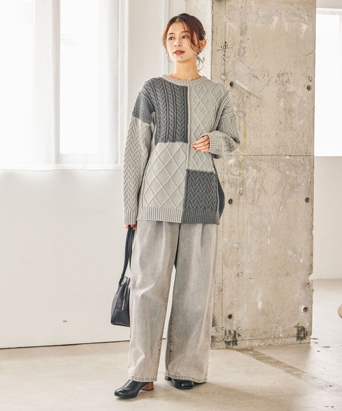 レア希少JOSEPH◆パッチワークデザインセーター10万　タートル　メリノウール セール】5ゲージふわかるパッチワークニット（ニット/セーター