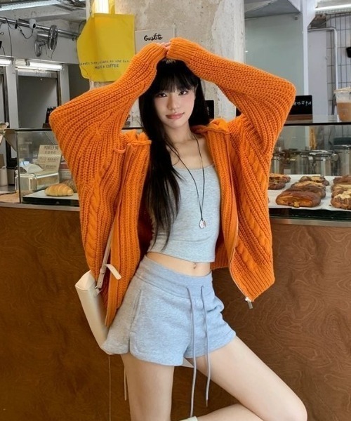 セール】ざっくり編みオレンジフーディーカーデ（ニット/セーター