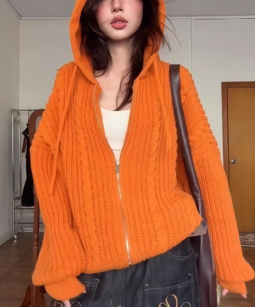 ざっくり編みオレンジフーディーカーデ（ニット/セーター）｜FreeZone