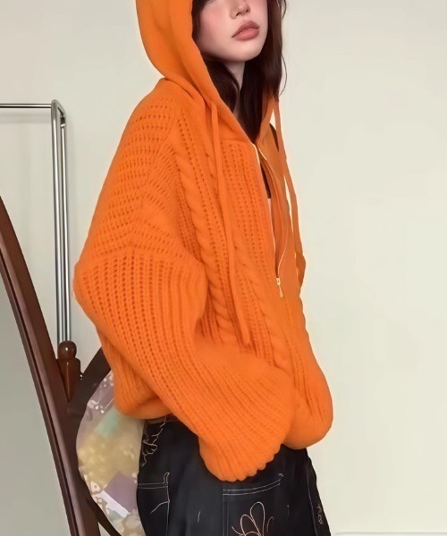 ざっくり編みオレンジフーディーカーデ（ニット/セーター）｜FreeZone