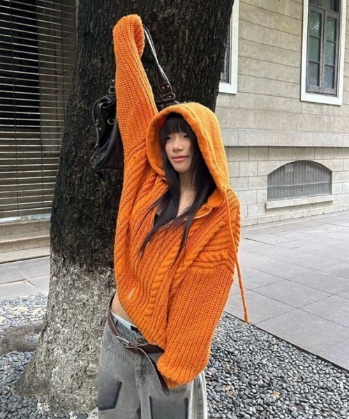 セール】ざっくり編みオレンジフーディーカーデ（ニット/セーター