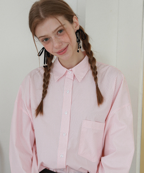 LOSSYROW（ロッシロー）の「Ticking Oversized Stripe Shirt Peach（シャツ/ブラウス・レディース・その他・FREE）」の2枚目の写真