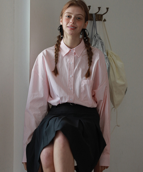 LOSSYROW（ロッシロー）の「Ticking Oversized Stripe Shirt Peach（シャツ/ブラウス・レディース・その他・FREE）」の3枚目の写真