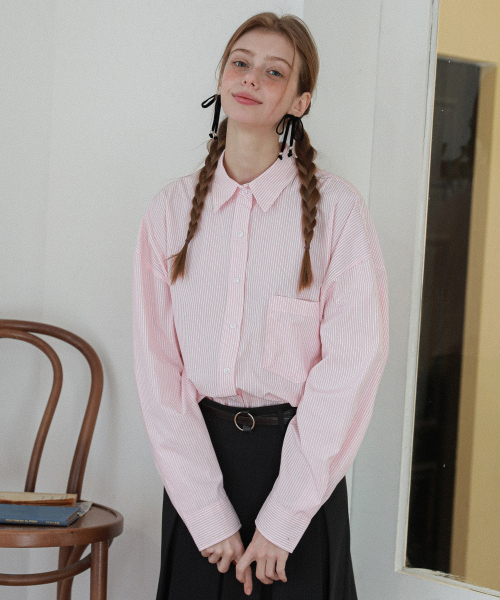 LOSSYROW（ロッシロー）の「Ticking Oversized Stripe Shirt Peach（シャツ/ブラウス・レディース・その他・FREE）」の4枚目の写真